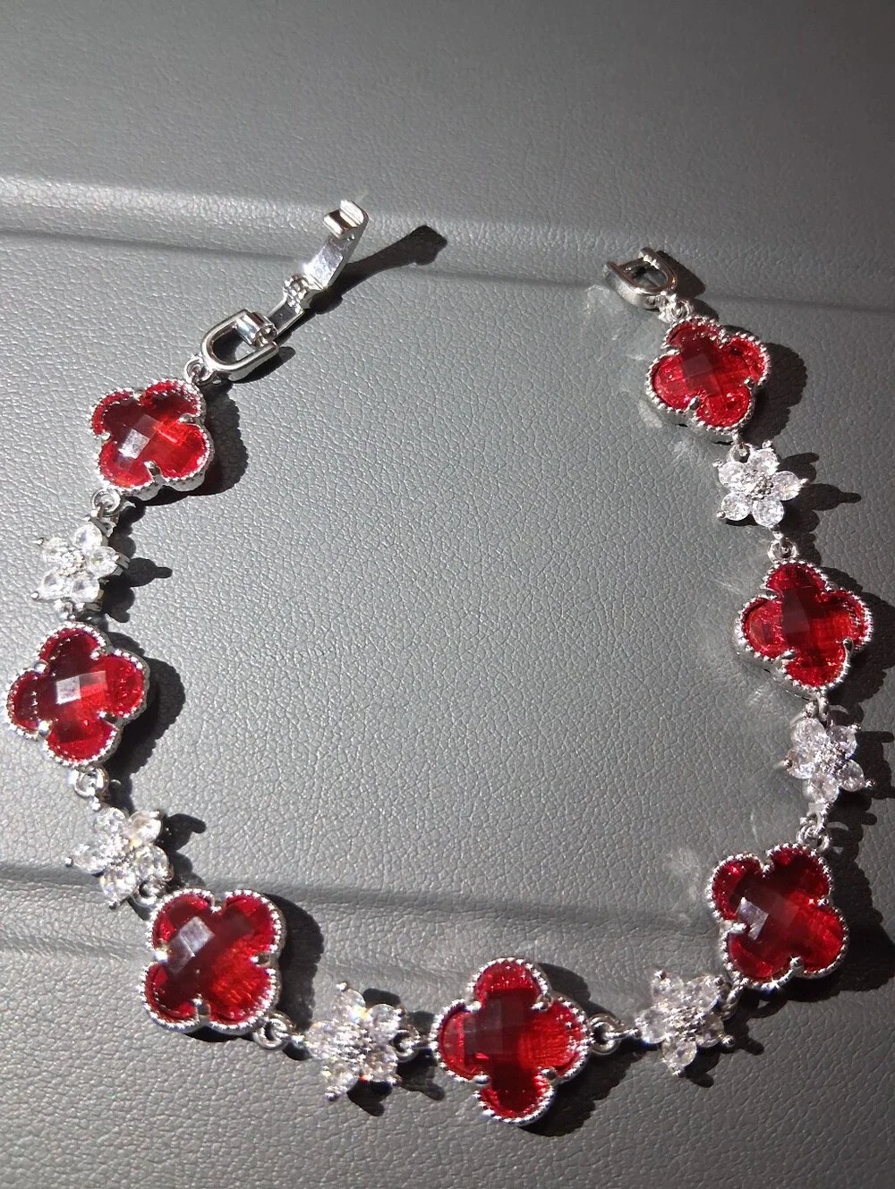 *Limited Edition* Red Clover & Clear Flower Silver Bracelet - Women Jewelry